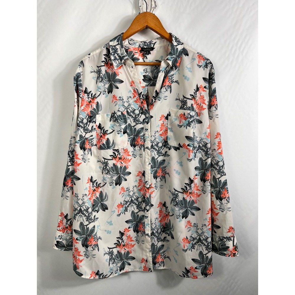 Talbots Nantucket Womens 3X Floral Button Up Blouse Long Sleeve Tropical Cream‎